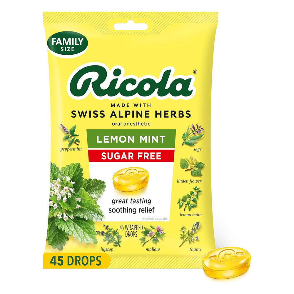 Ricola Sugar Free Lemon Mint Throat Drops Soothing Cough Suppressant Lozenges 45Ea