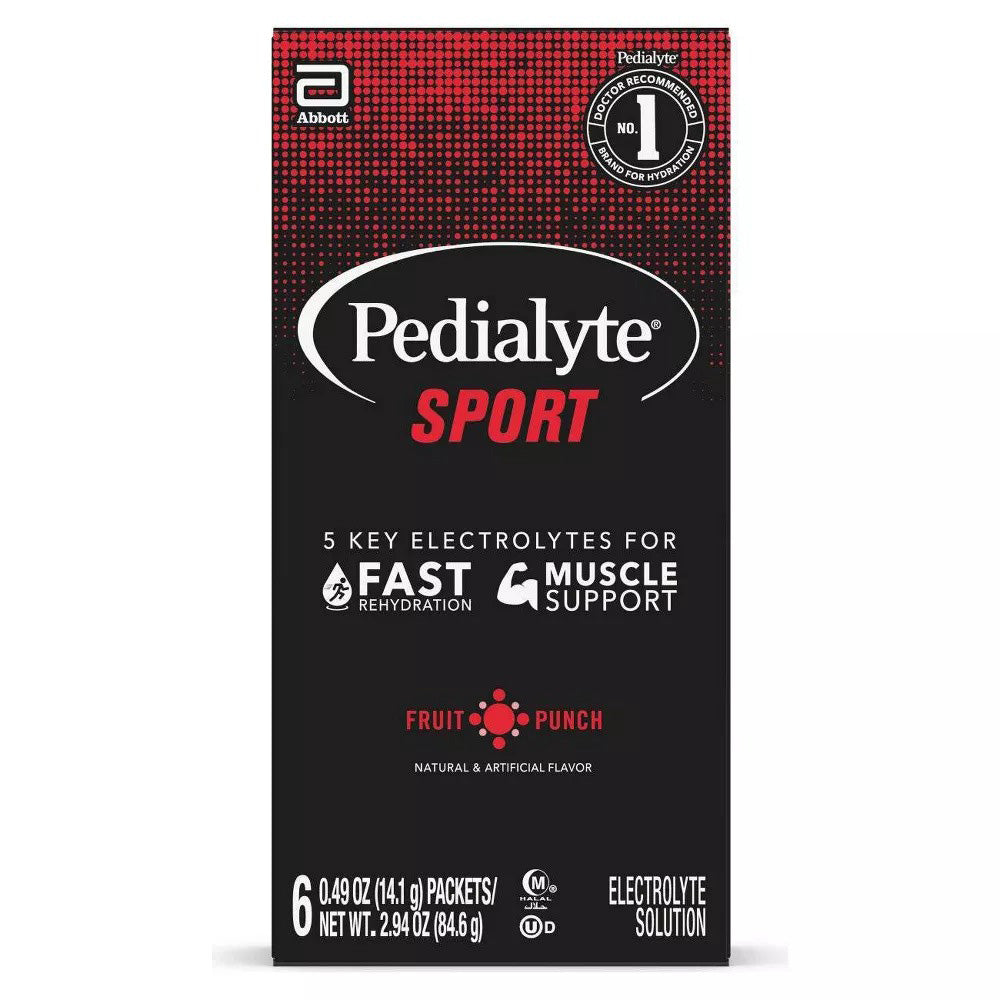 Pedialyte Sport Electrolyte Powder Fruit Punch for Muscle Support 2.94Oz (84.6g), 6Ea