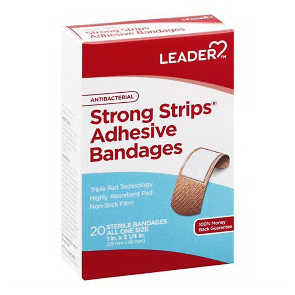 Leader Antibacterial Adhesive Bandages, Strong Strips, All One Size, 20 Ea