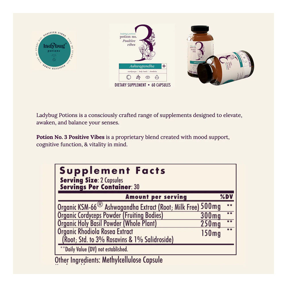 Ladybug Potion No3 Positive Vibes Ashwagandha Capsules, Mood Pills, 60 Ea