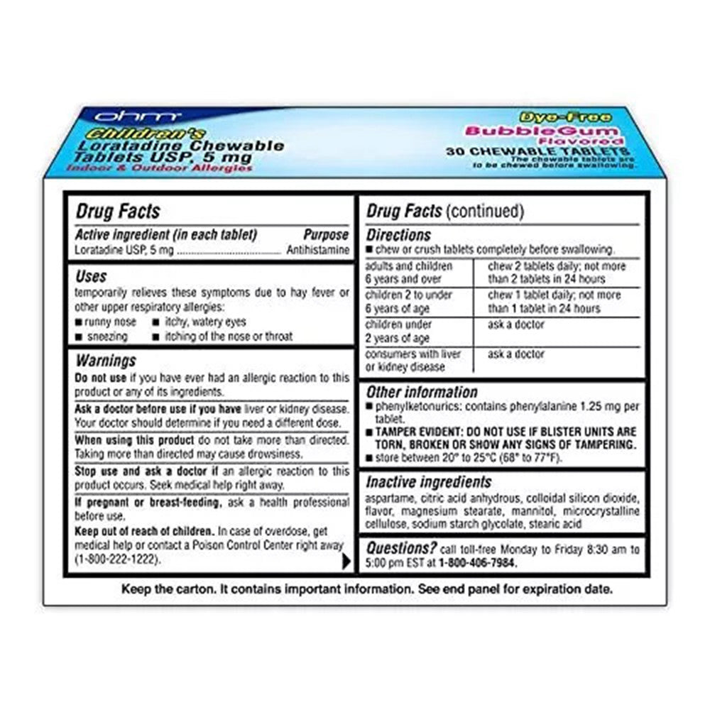 Ohm Childrens Antihistamine Loratadine Chewable Tablets, Bubblegum, 30 Ea