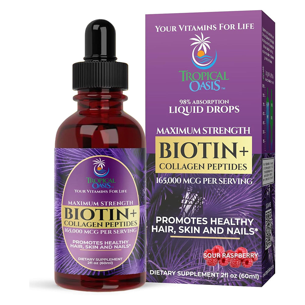 Tropical Oasis Maximum Strength Biotin and Collagen Liquid Drops for Healthy Hair Skin and Nails 2Oz (60ml)
