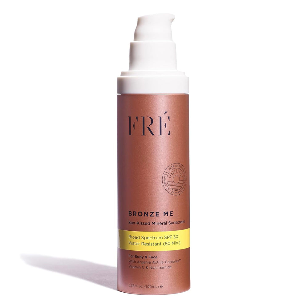 FRE Bronze Me Mineral Sunscreen SPF 50 Tinted for Face and Body with Argania Active Multitasking Self Tanner 3.38Oz (100ml)
