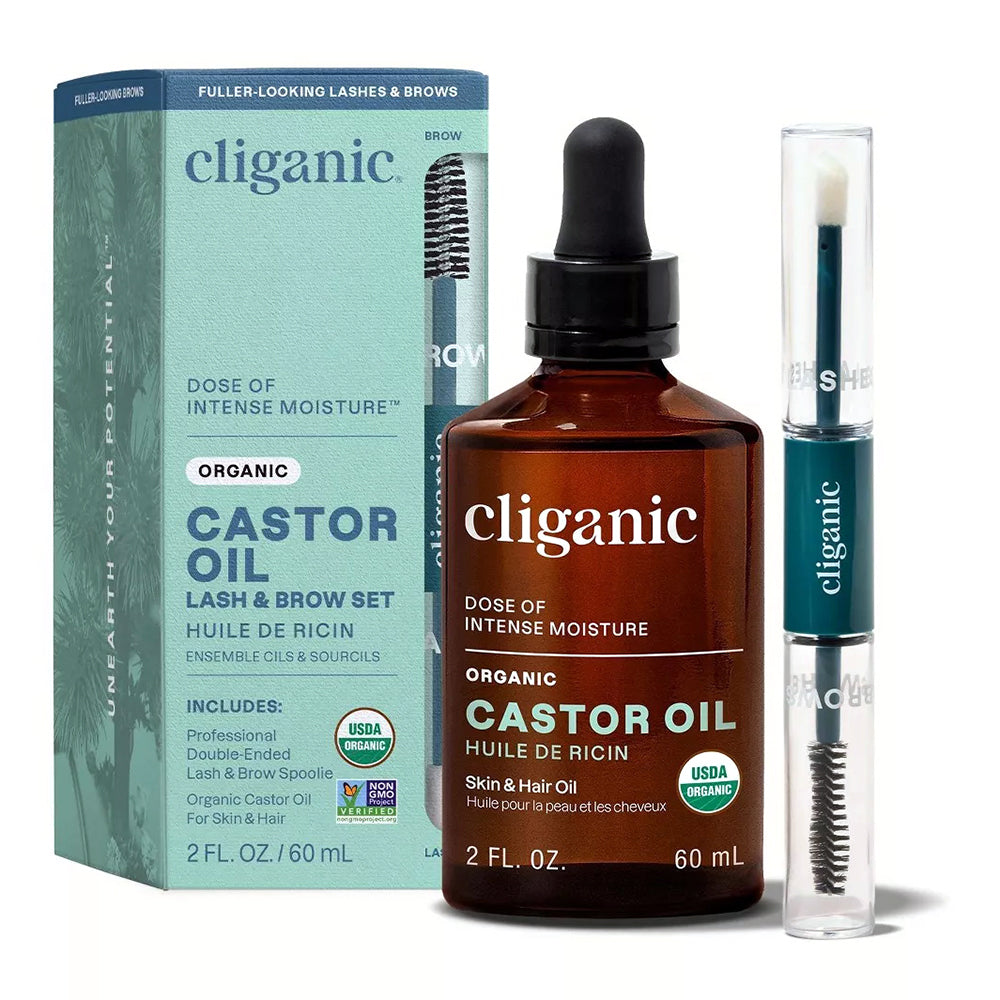 Cliganic Organic Castor Oil Lash and Brow Set Skin and Hair Oil 2Oz (60ml)