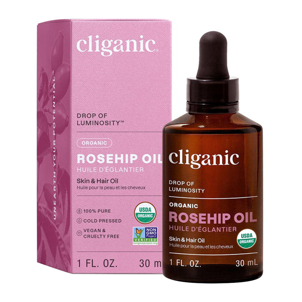 Cliganic Organic Rosehip Seed Oil Skin and Hair Oil Reduce Appearance of Redness and Blemishes 1Oz (30ml)