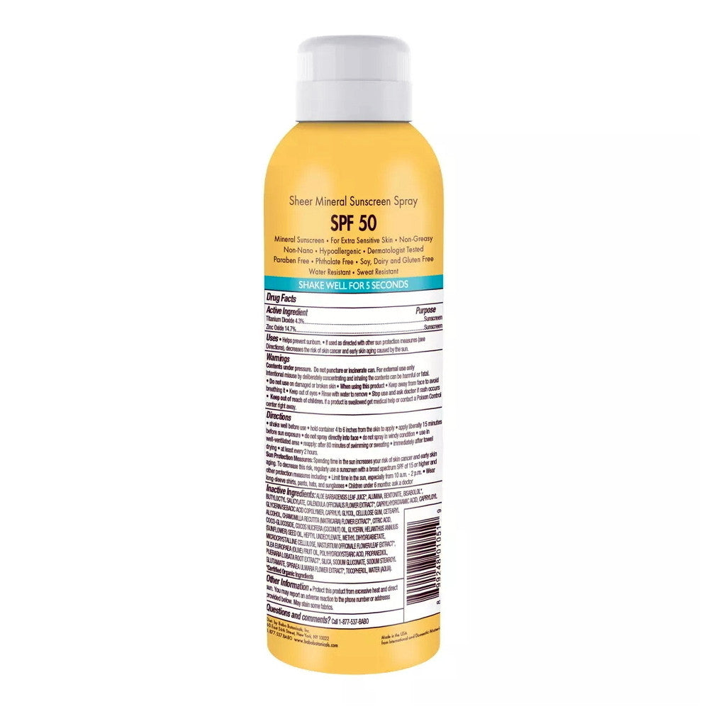 Babo Botanicals Sheer Mineral Sensitive Sunscreen Spray SPF 50, 6 Oz