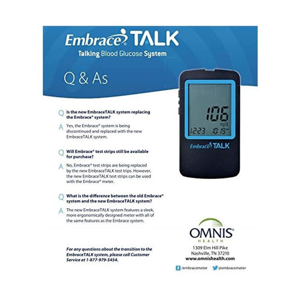 Omnis Health Embrace Talking Meter Blood Glucose Monitor System, 1 Ea