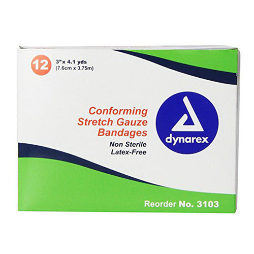 Dynarex Non Sterile Conforming Stretch Gauze Bandages 3 in x 4.1 yds for Wound Care 12Ea