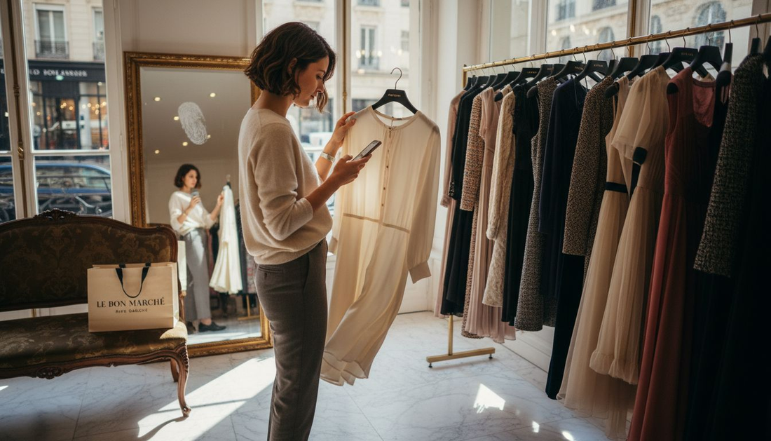 Une femme en quête de robes haute couture dans les boutiques de luxe.