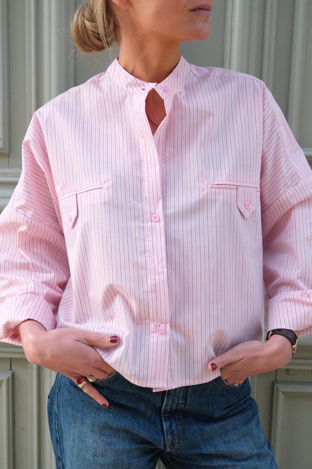 Astrid blouse with mandarin collar pink stripe