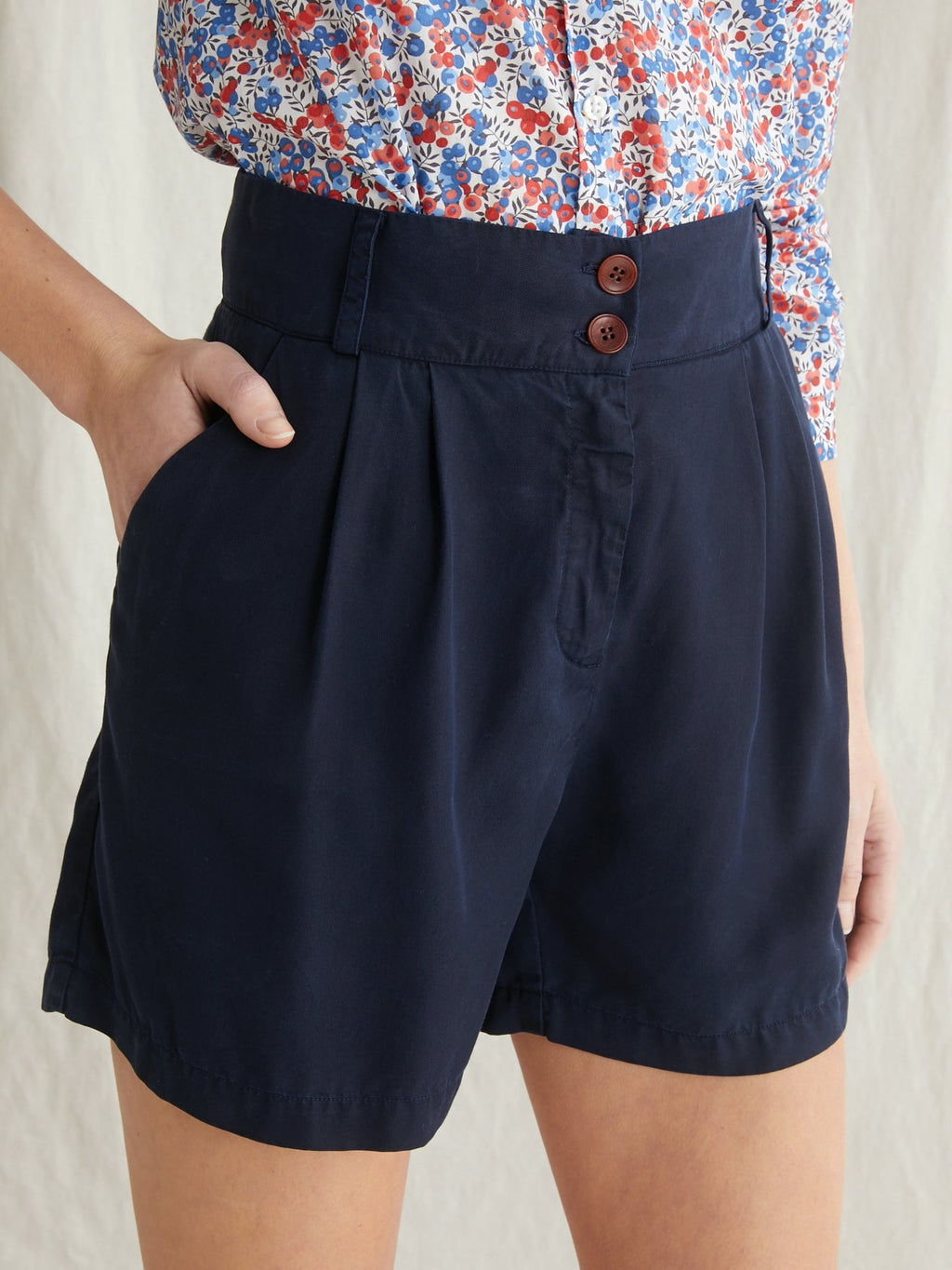 Short Lyocell - Bleu Fonce Uni - Femme