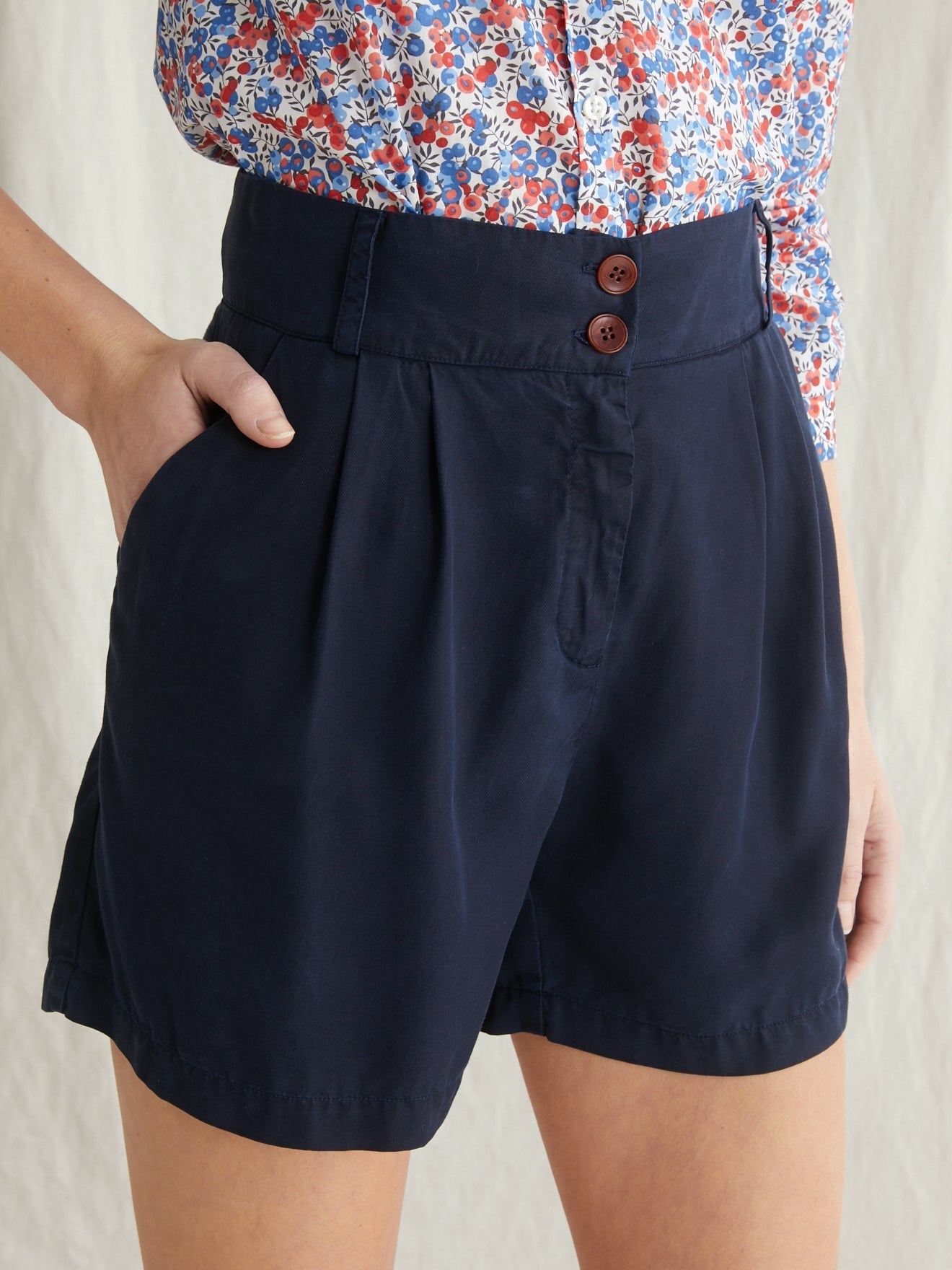 Short Lyocell - Bleu Fonce Uni - Femme