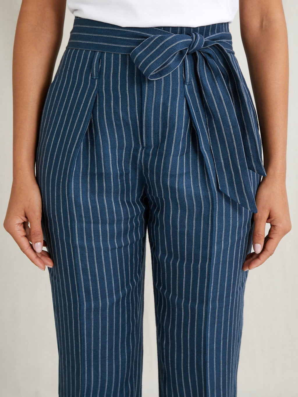 Pantalon Lin Raye B - Bleu Fonce Raye - Femme