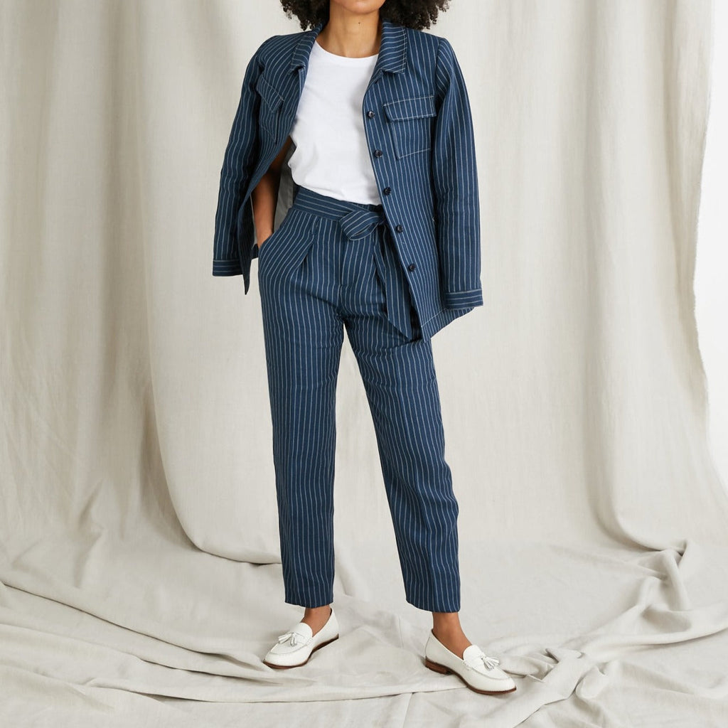 Pantalon Lin Raye B - Bleu Fonce Raye - Femme