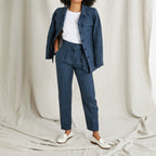 Pantalon Lin Raye B - Bleu Fonce Raye - Femme
