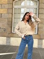 Cardigan Gabrielle taupe à col dentelle