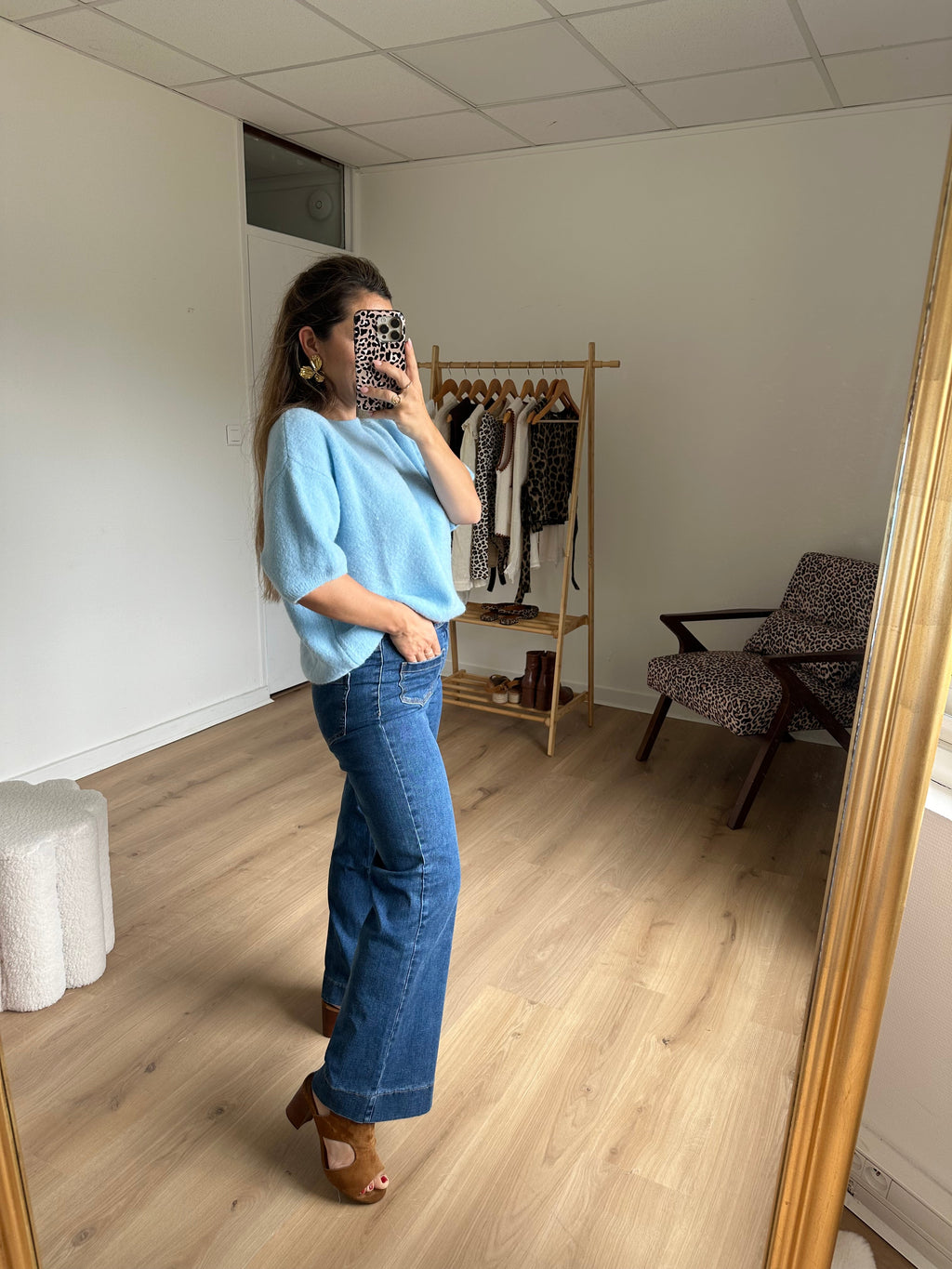 Short Sleeve Wool Knit Brown Sky Blue