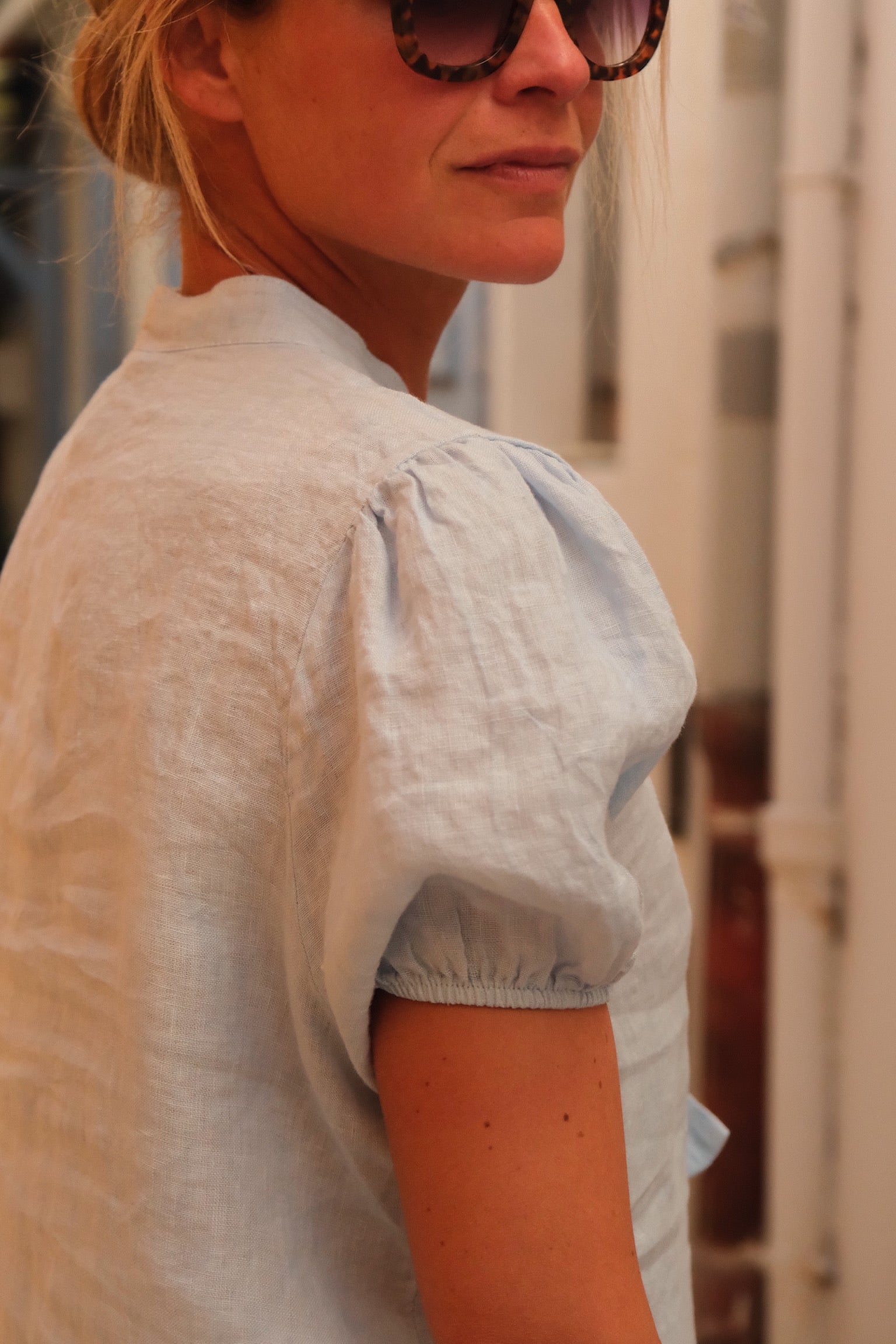 Célestine Sky Blue Linen Blouse