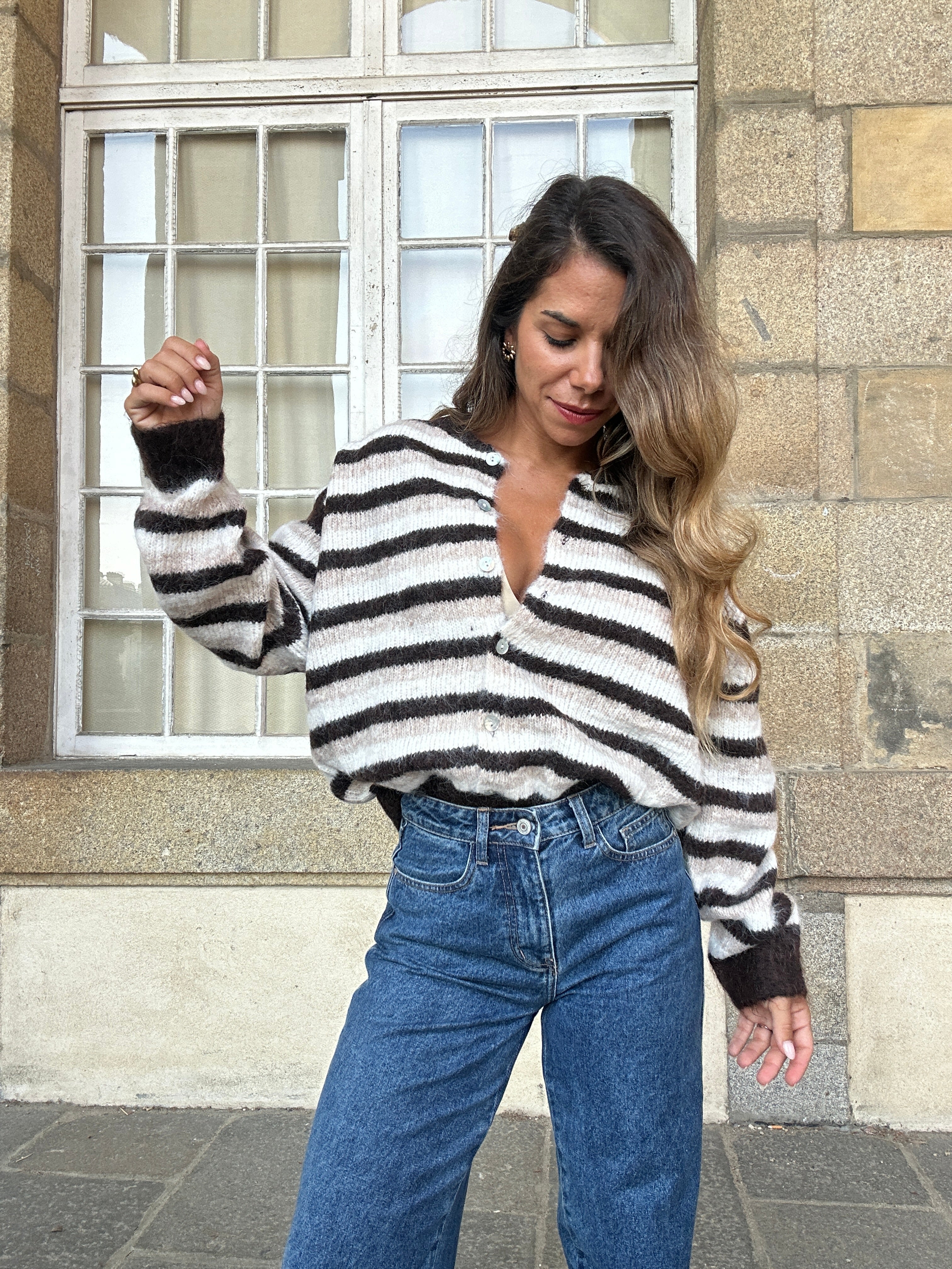 Cardigan Daniella rayé marron beige et blanc