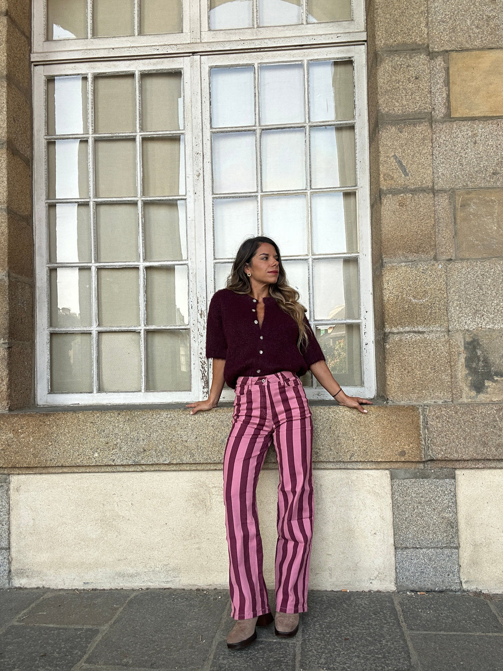 Jean à rayures Isabeau rose et bordeaux