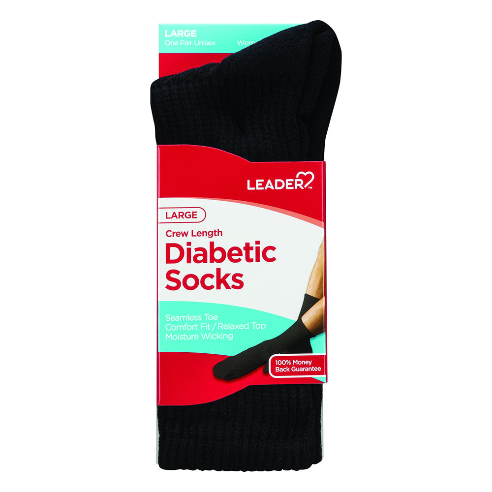 Leader Diabetic Socks Crew Black Large, Hosiery Supports, 1 Pr
