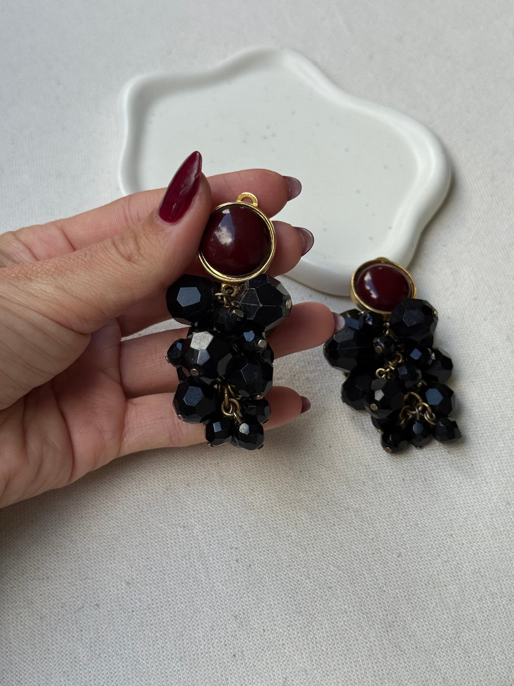 Pendientes Georges Rech Vintage - Racimos Negros Y Cabujones Burdeos