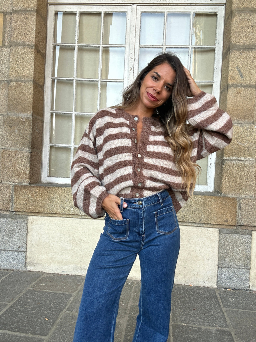 Cardigan Véra Rayé Camel Et Beige
