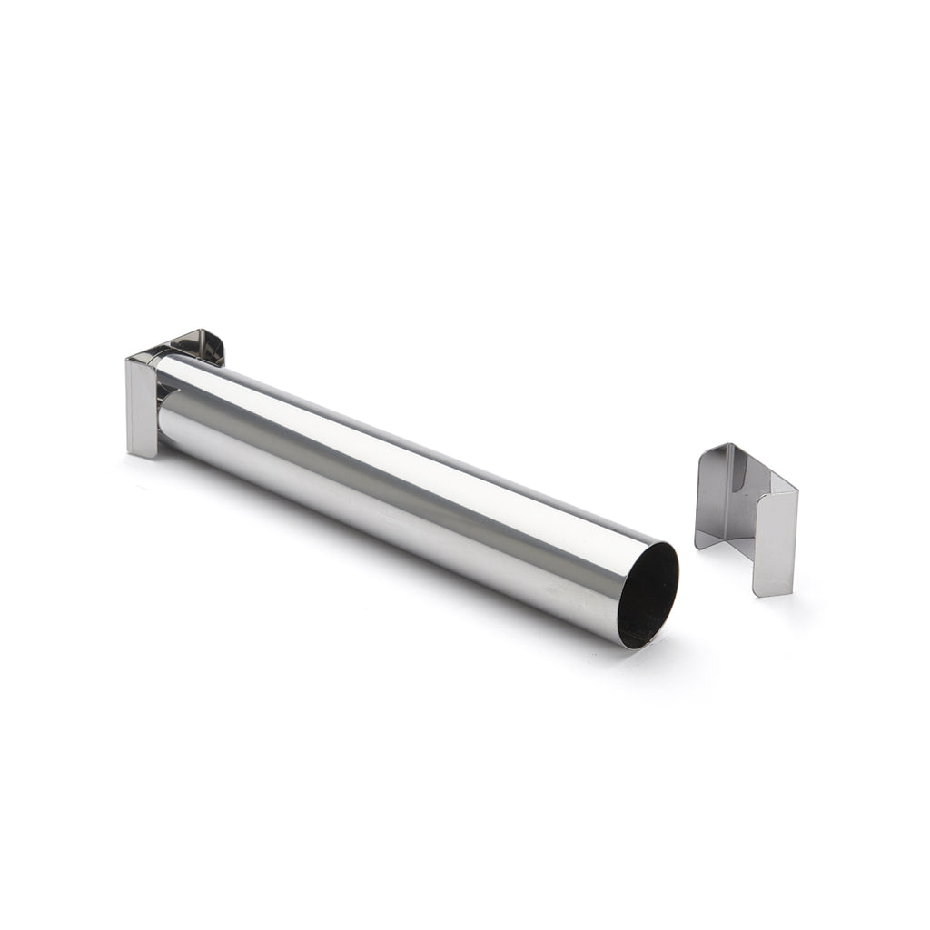 De Buyer – Moule Tubulaire Et Feuille De Cuisson Antiadhésive - Inox - Argent, tube de rangement en métal chromé, avec support mural, sur fond blanc