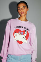 Sweatshirt Eddie Lucky Cat En Coton Organique Délavé Fabriqué Au Portugal - Rose