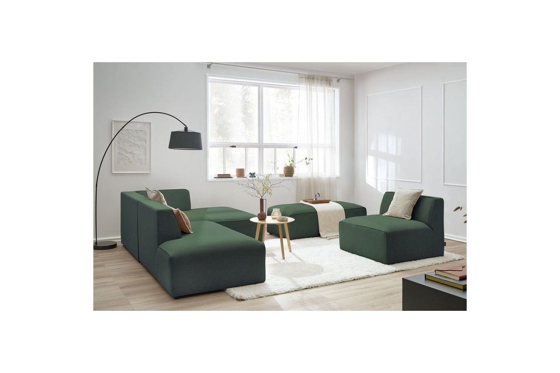 Megeve - Sofá esquinero fijo modular - Tejido liso con 1 módulo sin brazos y 1 puf - Esquina derecha