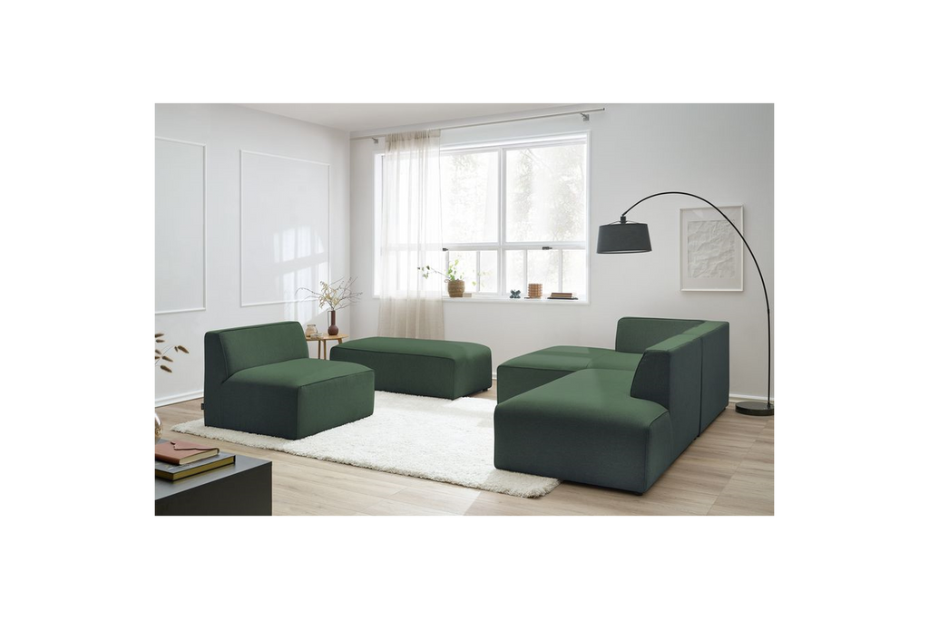 Megeve - Fixed Modular Corner Sofa - Smooth Fabric with 1 Armless Chair and 1 Pouffe - Left Corner