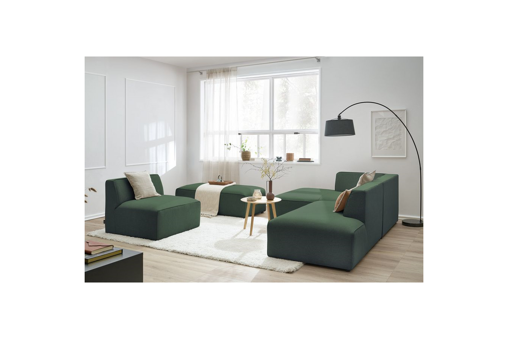 Megeve - Fixed Modular Corner Sofa - Smooth Fabric with 1 Armless Chair and 1 Pouffe - Left Corner