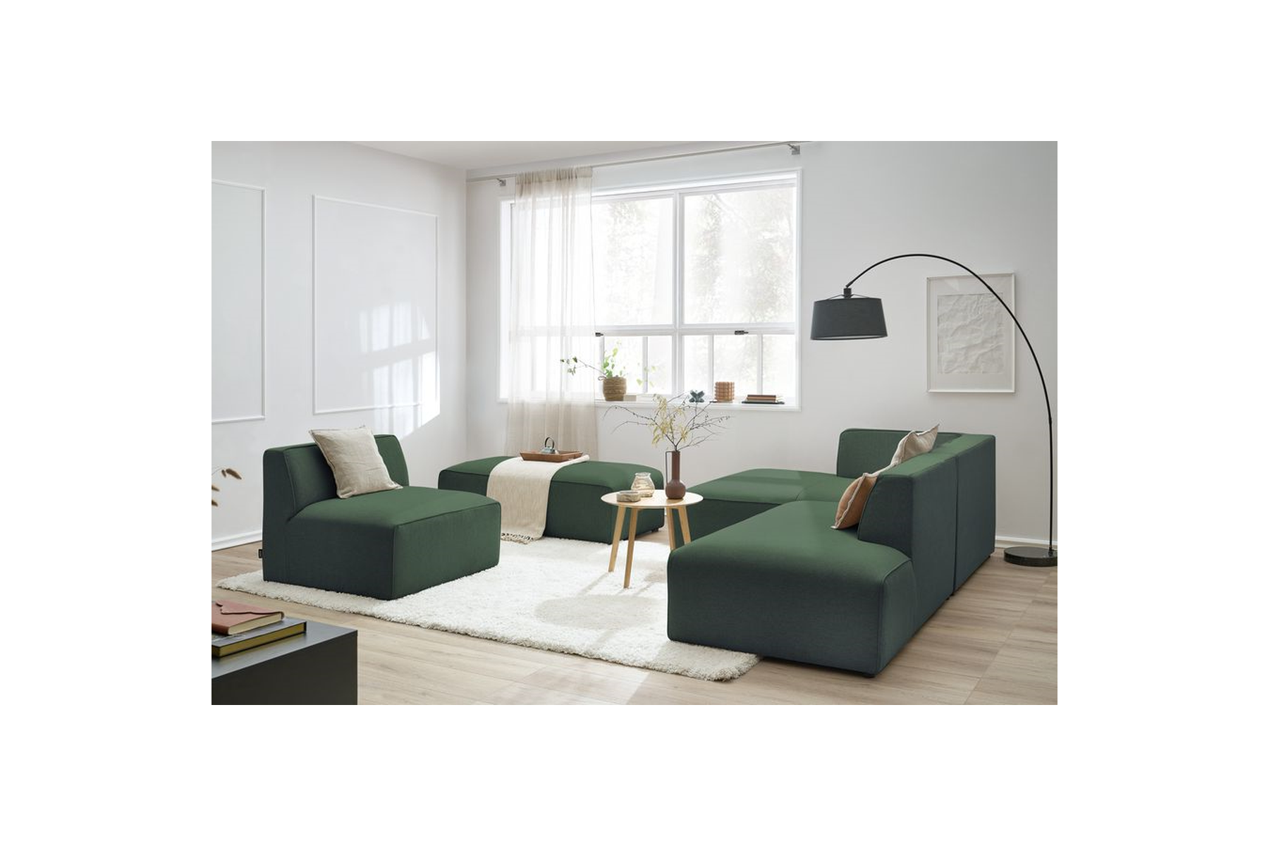 Megeve - Fixed Modular Corner Sofa - Smooth Fabric with 1 Armless Chair and 1 Pouffe - Left Corner
