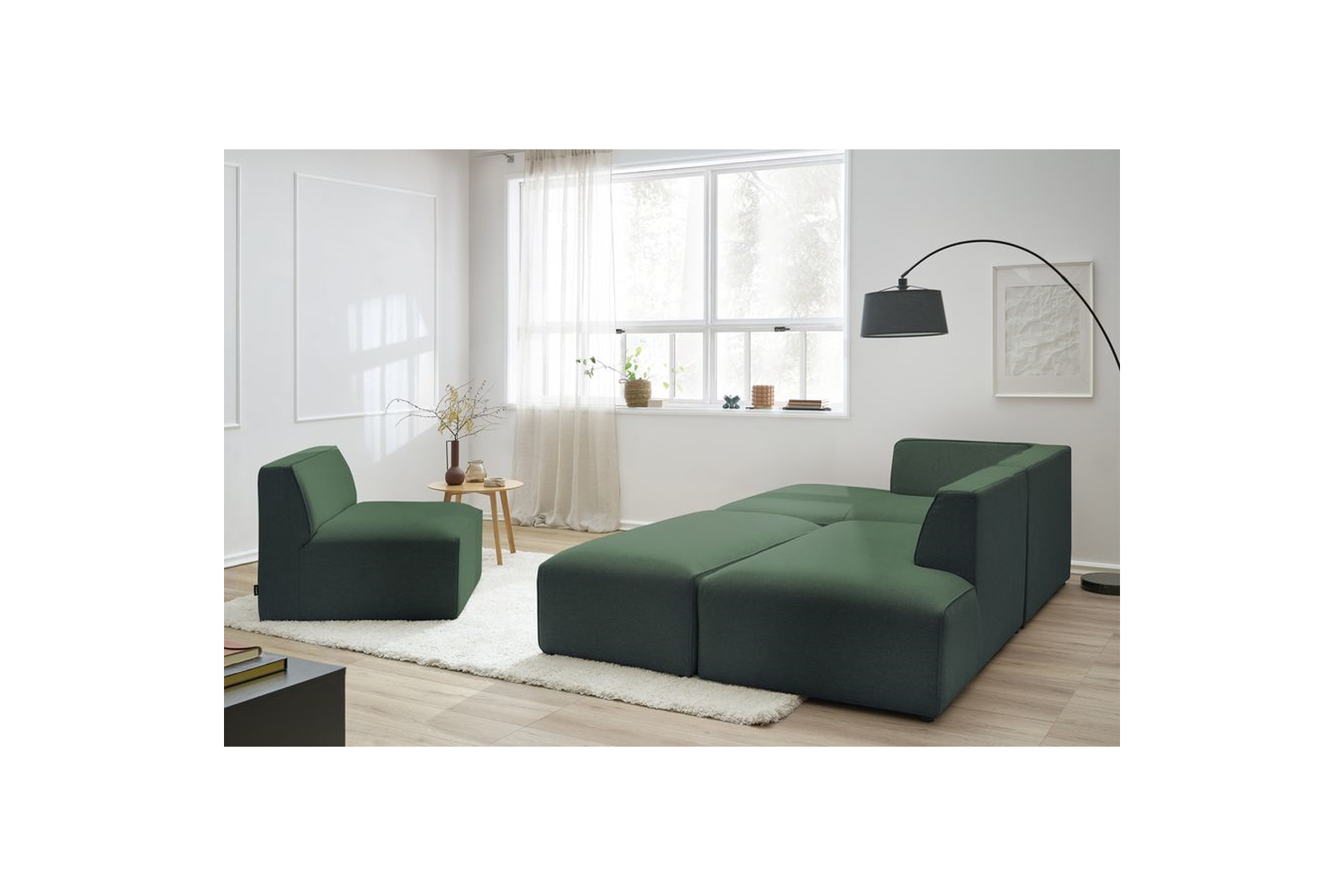 Megeve - Fixed Modular Corner Sofa - Smooth Fabric with 1 Armless Chair and 1 Pouffe - Left Corner