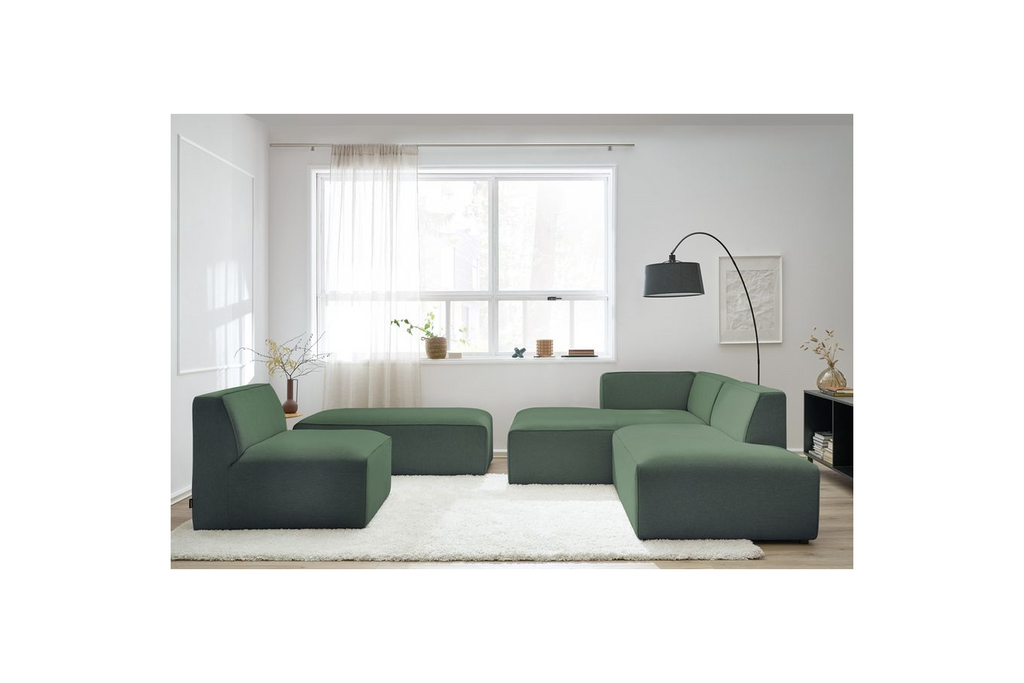 Megeve - Fixed Modular Corner Sofa - Smooth Fabric with 1 Armless Chair and 1 Pouffe - Left Corner