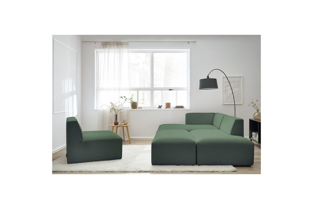 Megeve - Fixed Modular Corner Sofa - Smooth Fabric with 1 Armless Chair and 1 Pouffe - Left Corner