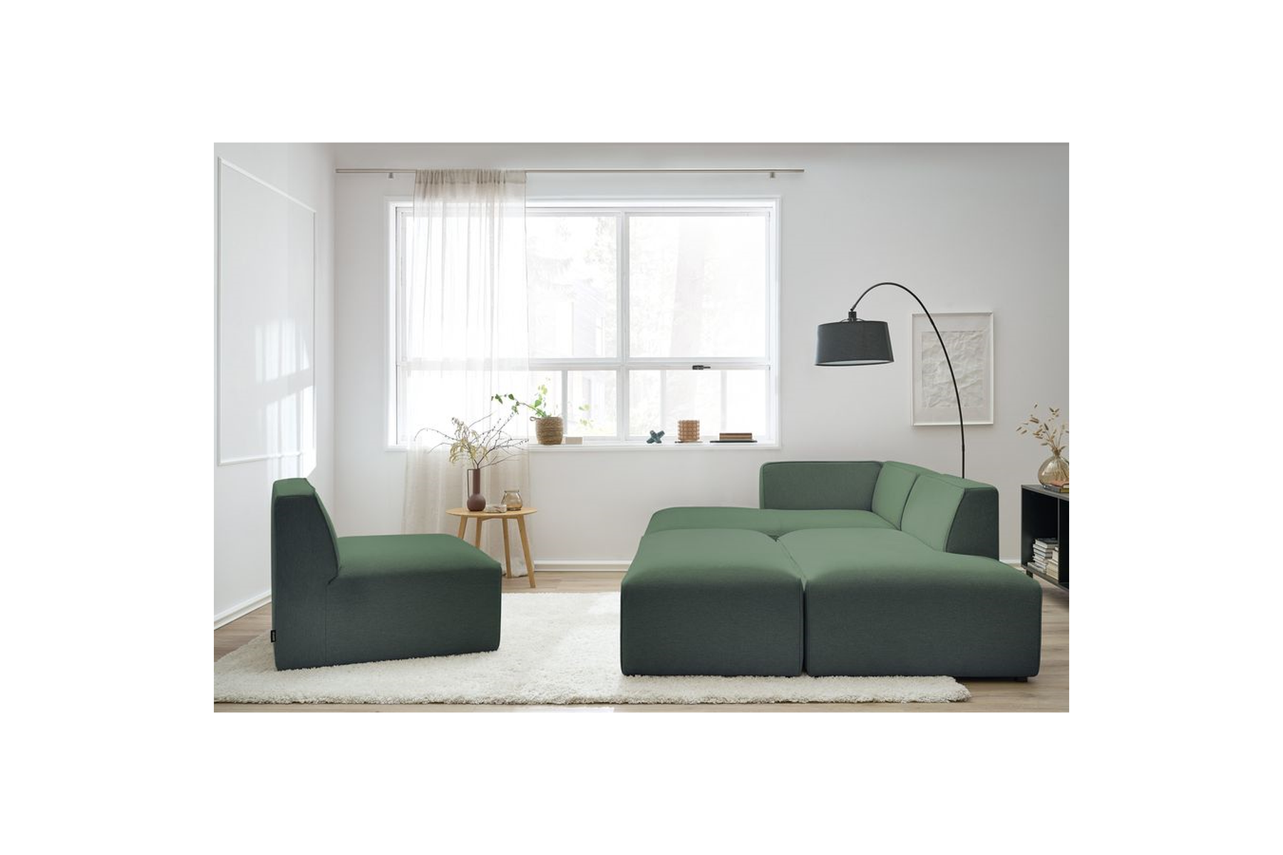 Megeve - Fixed Modular Corner Sofa - Smooth Fabric with 1 Armless Chair and 1 Pouffe - Left Corner