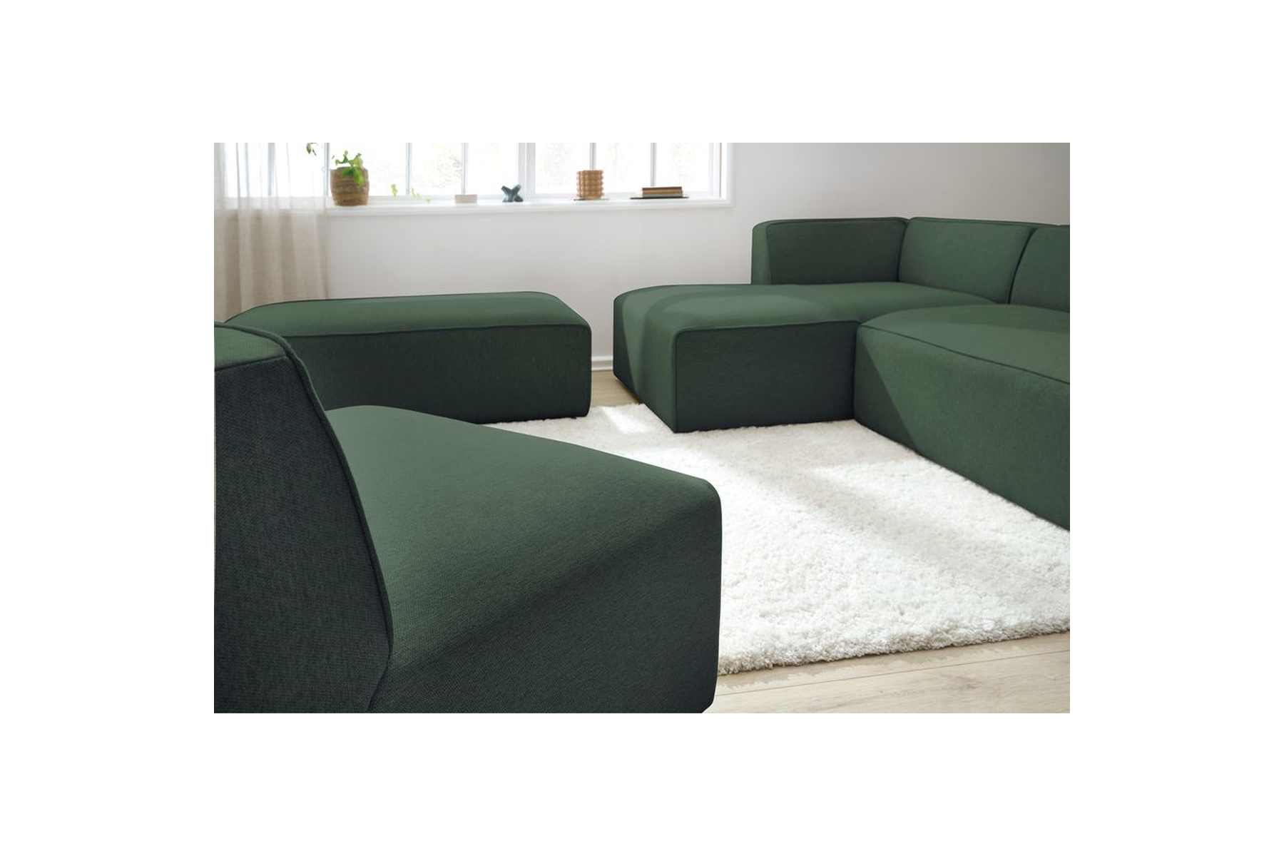 Megeve - Fixed Modular Corner Sofa - Smooth Fabric with 1 Armless Chair and 1 Pouffe - Left Corner