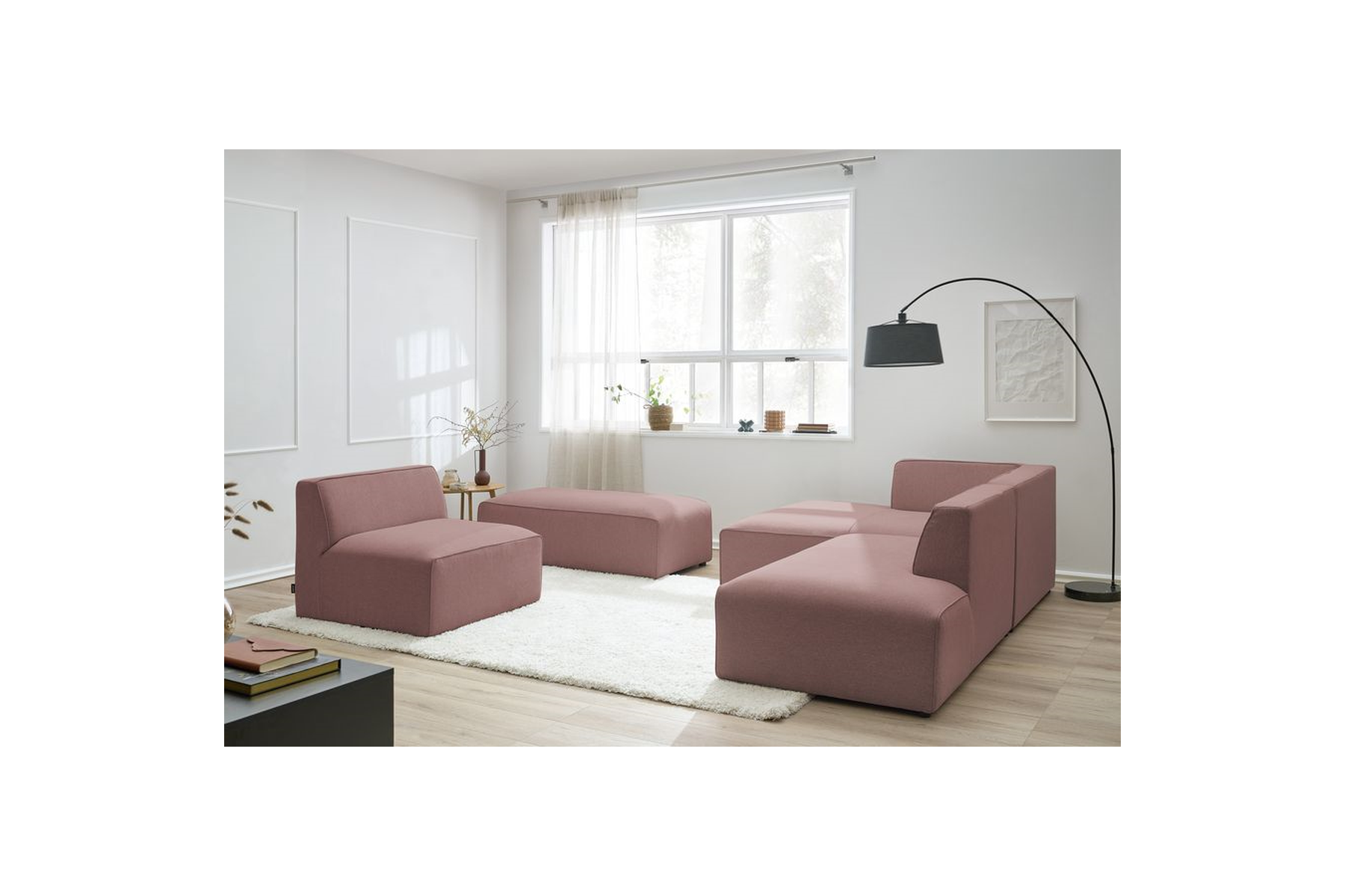 Megeve - Fixed Modular Corner Sofa - Smooth Fabric with 1 Armless Chair and 1 Pouffe - Left Corner