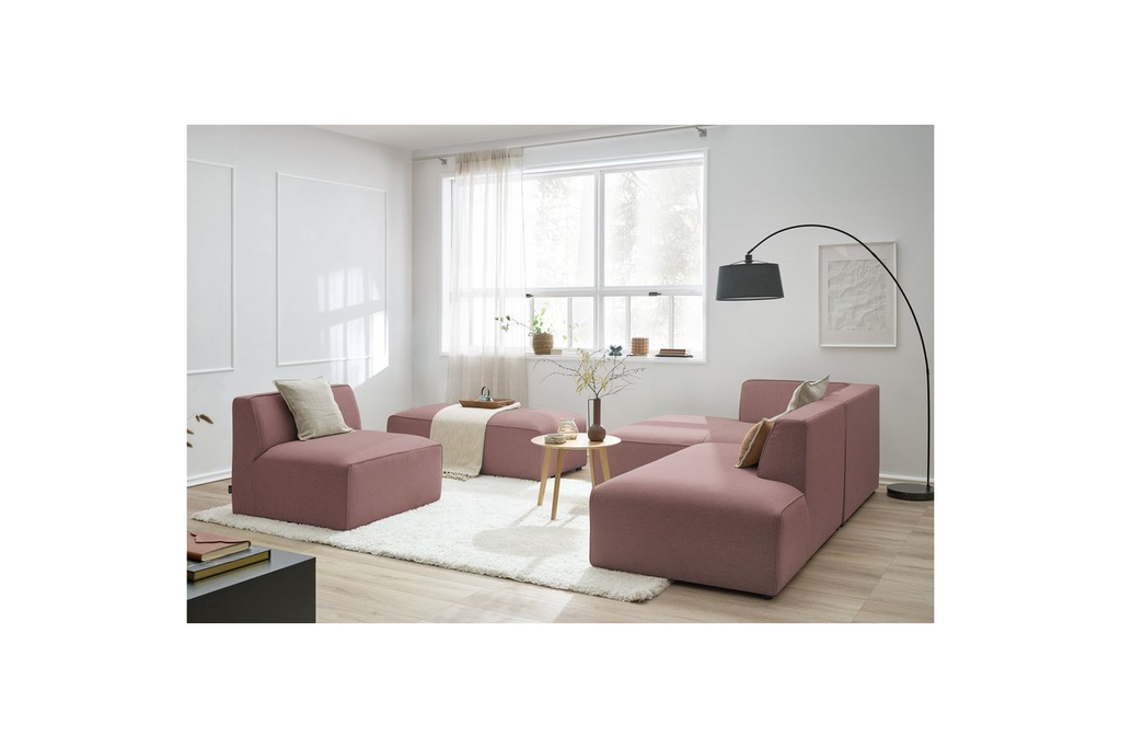 Megeve - Fixed Modular Corner Sofa - Smooth Fabric with 1 Armless Chair and 1 Pouffe - Left Corner