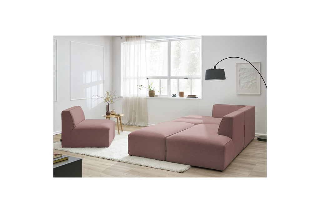 Megeve - Fixed Modular Corner Sofa - Smooth Fabric with 1 Armless Chair and 1 Pouffe - Left Corner