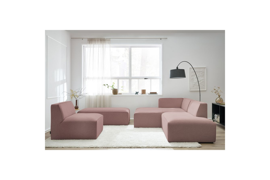 Megeve - Fixed Modular Corner Sofa - Smooth Fabric with 1 Armless Chair and 1 Pouffe - Left Corner