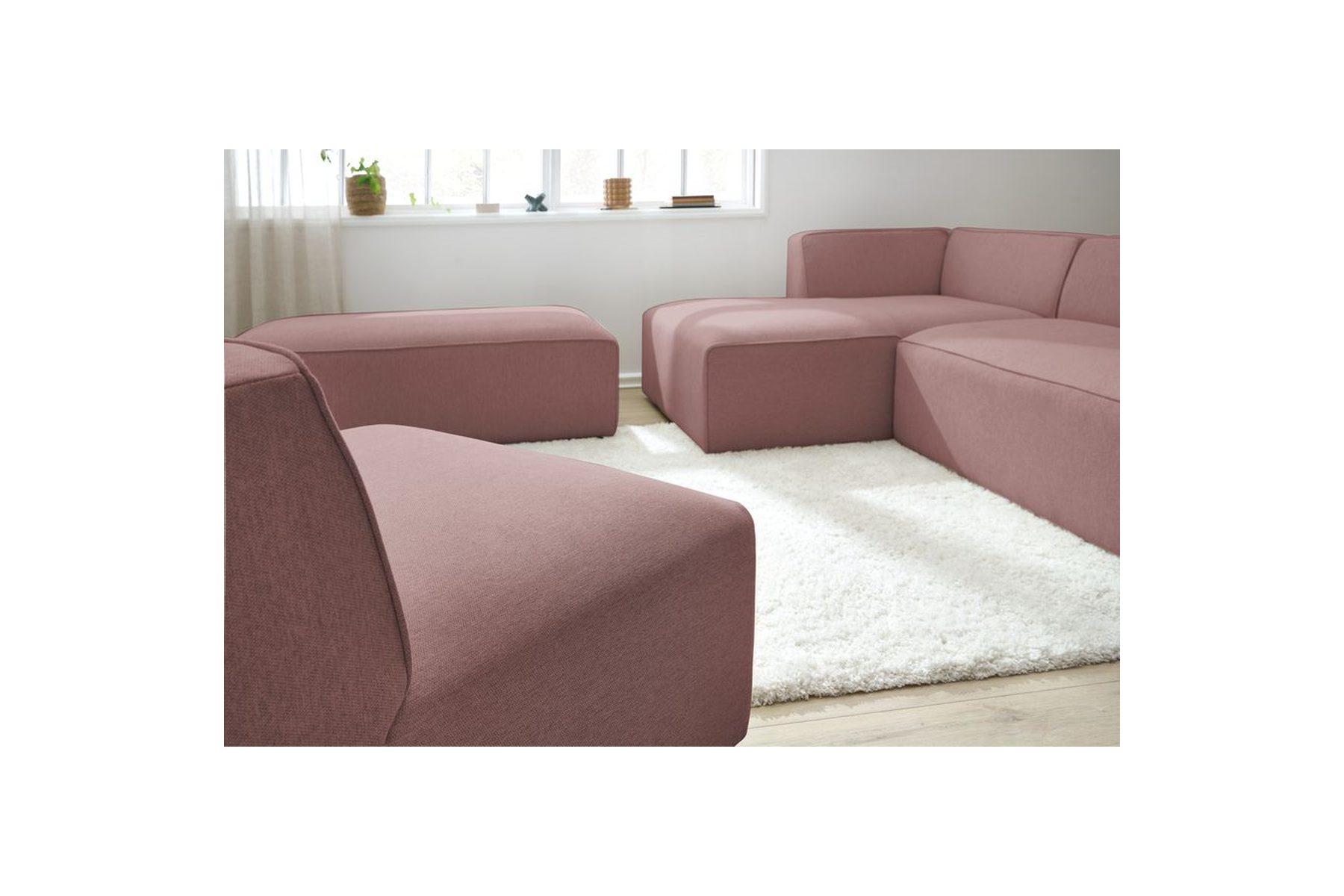 Megeve - Fixed Modular Corner Sofa - Smooth Fabric with 1 Armless Chair and 1 Pouffe - Left Corner