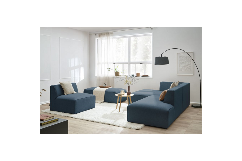 Megeve - Fixed Modular Corner Sofa - Smooth Fabric with 1 Armless Chair and 1 Pouffe - Left Corner