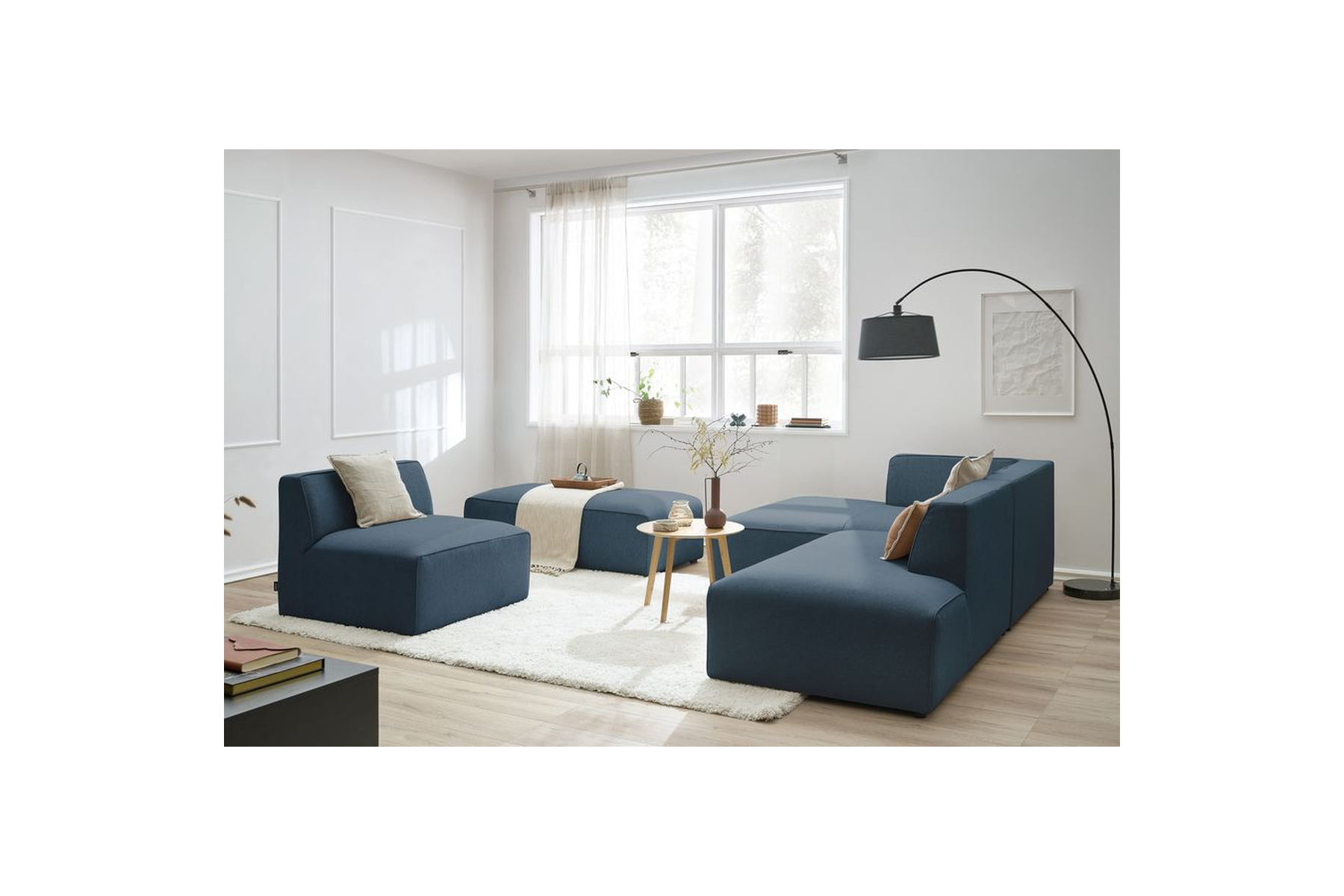 Megeve - Fixed Modular Corner Sofa - Smooth Fabric with 1 Armless Chair and 1 Pouffe - Left Corner