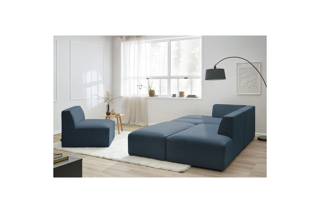 Megeve - Fixed Modular Corner Sofa - Smooth Fabric with 1 Armless Chair and 1 Pouffe - Left Corner