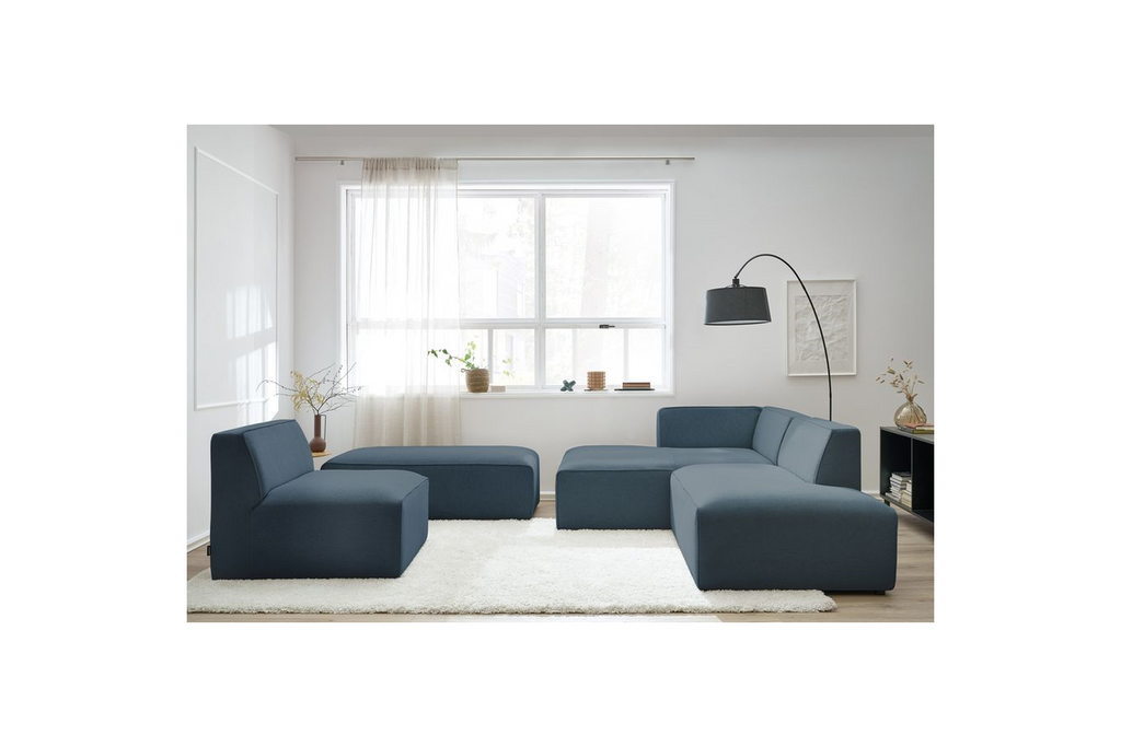 Megeve - Fixed Modular Corner Sofa - Smooth Fabric with 1 Armless Chair and 1 Pouffe - Left Corner