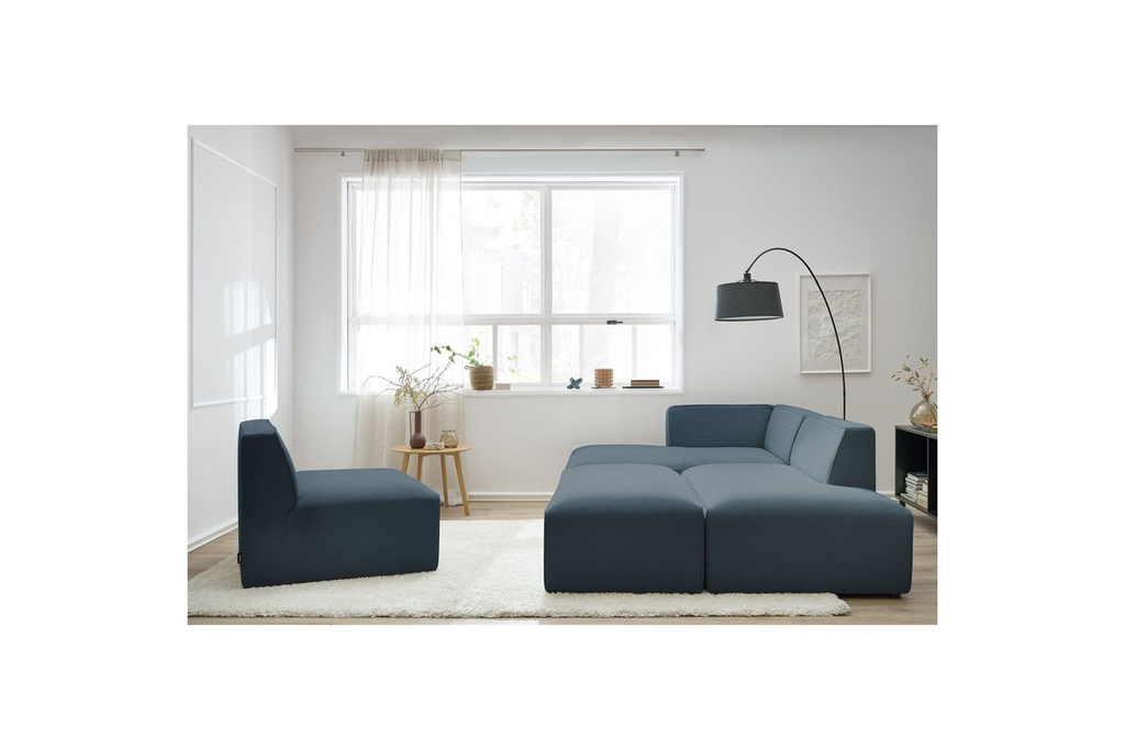 Megeve - Fixed Modular Corner Sofa - Smooth Fabric with 1 Armless Chair and 1 Pouffe - Left Corner