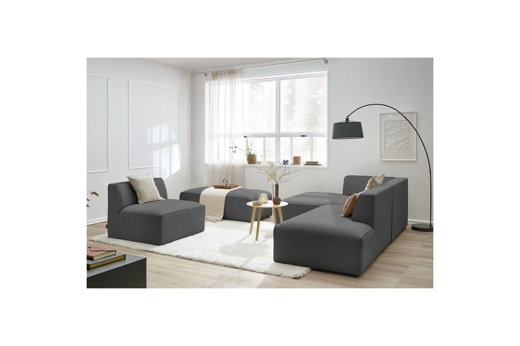 Megeve - Fixed Modular Corner Sofa - Smooth Fabric with 1 Armless Chair and 1 Pouffe - Left Corner