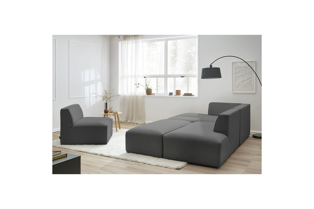 Megeve - Fixed Modular Corner Sofa - Smooth Fabric with 1 Armless Chair and 1 Pouffe - Left Corner